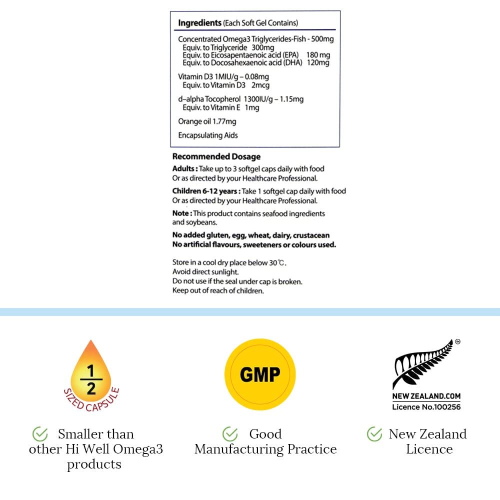 Hi Well Pure & Natural New Zealand Premium Omega-3 Fish Oil Concentrated 500mg Capsule, 300 Count