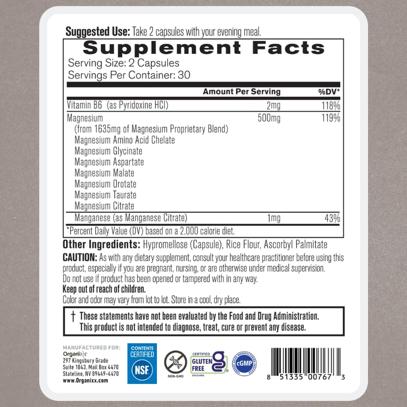 Organixx Magnesium Glycinate Supplement Capsule, 60 Count