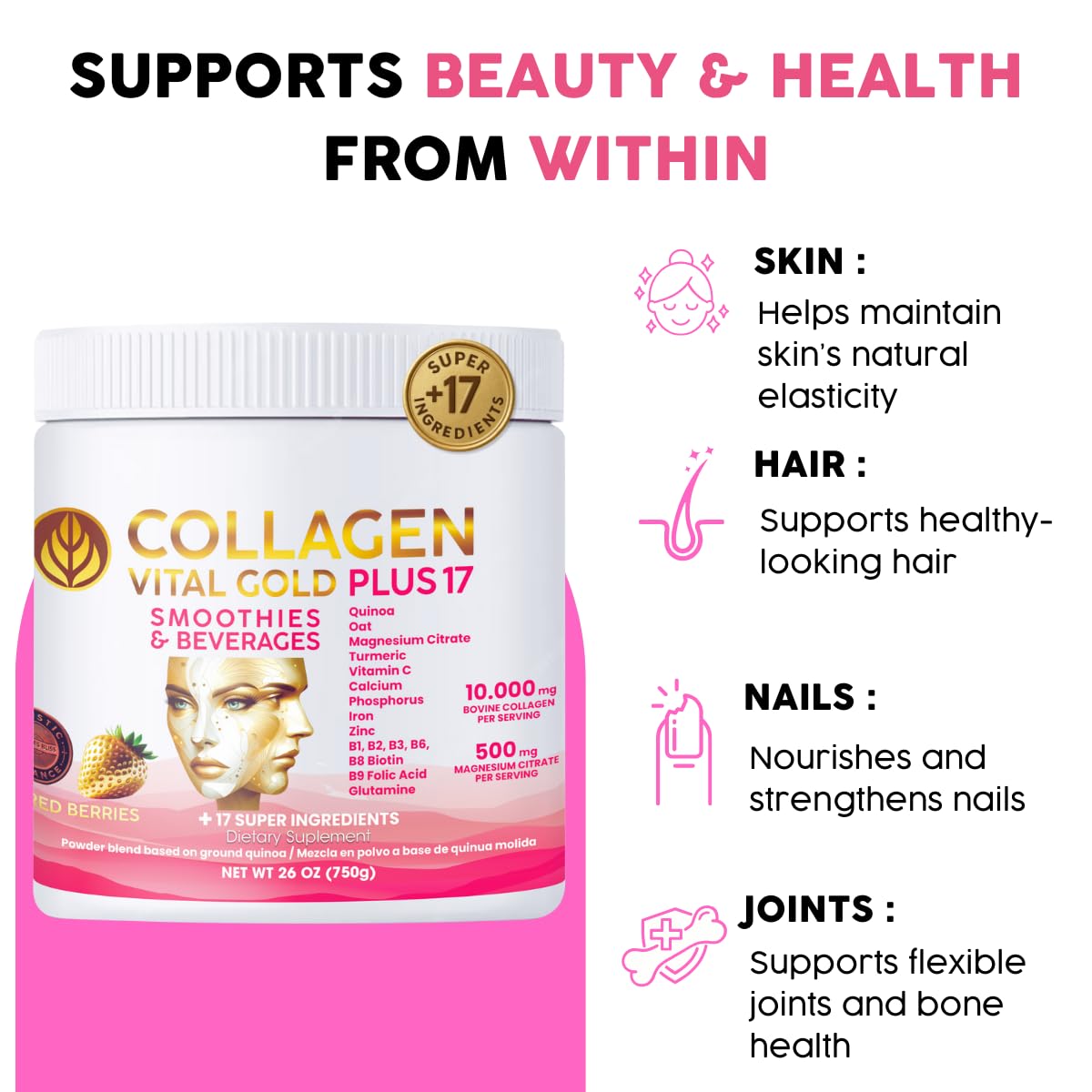 Gold Vital Life Collagen Peptides - Hydrolyzed Collagen with +17 Super Ingredients Powder, 26 Servings