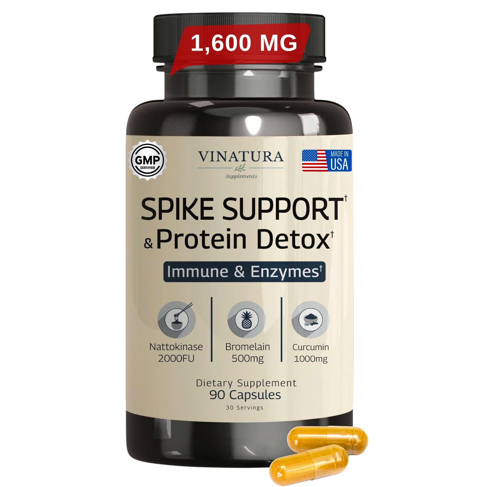 VINATURA Spike Protein Detox - Curcumin 1000 mg, Bromelain 500 mg, Nattokinase 2000 FU - Enzyme Complex for Detox & Protein Balance, Ultimate Spike Support 90 Capsules