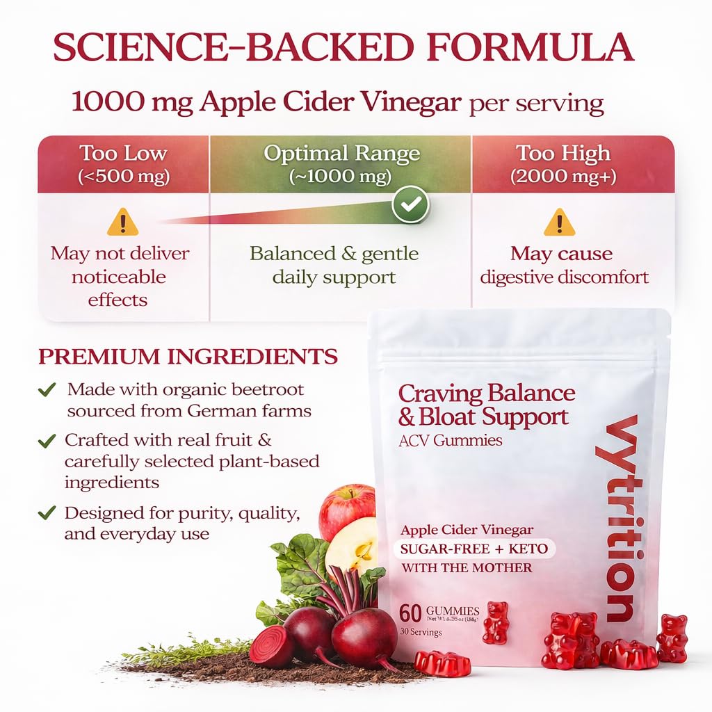 Vytrition Apple Cider Vinegar Gummies 1000mg with The Mother – Sugar Free – Keto Friendly – Vegan – Appetite Control & Weight Management, 60 Gummies