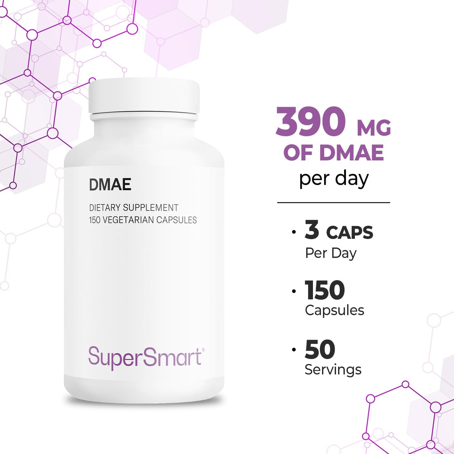 Supersmart DMAE Supplement 390mg per Day (Dimethylaminoethanol) from DMAE Bitartrate - Choline Production, 150 Capsules