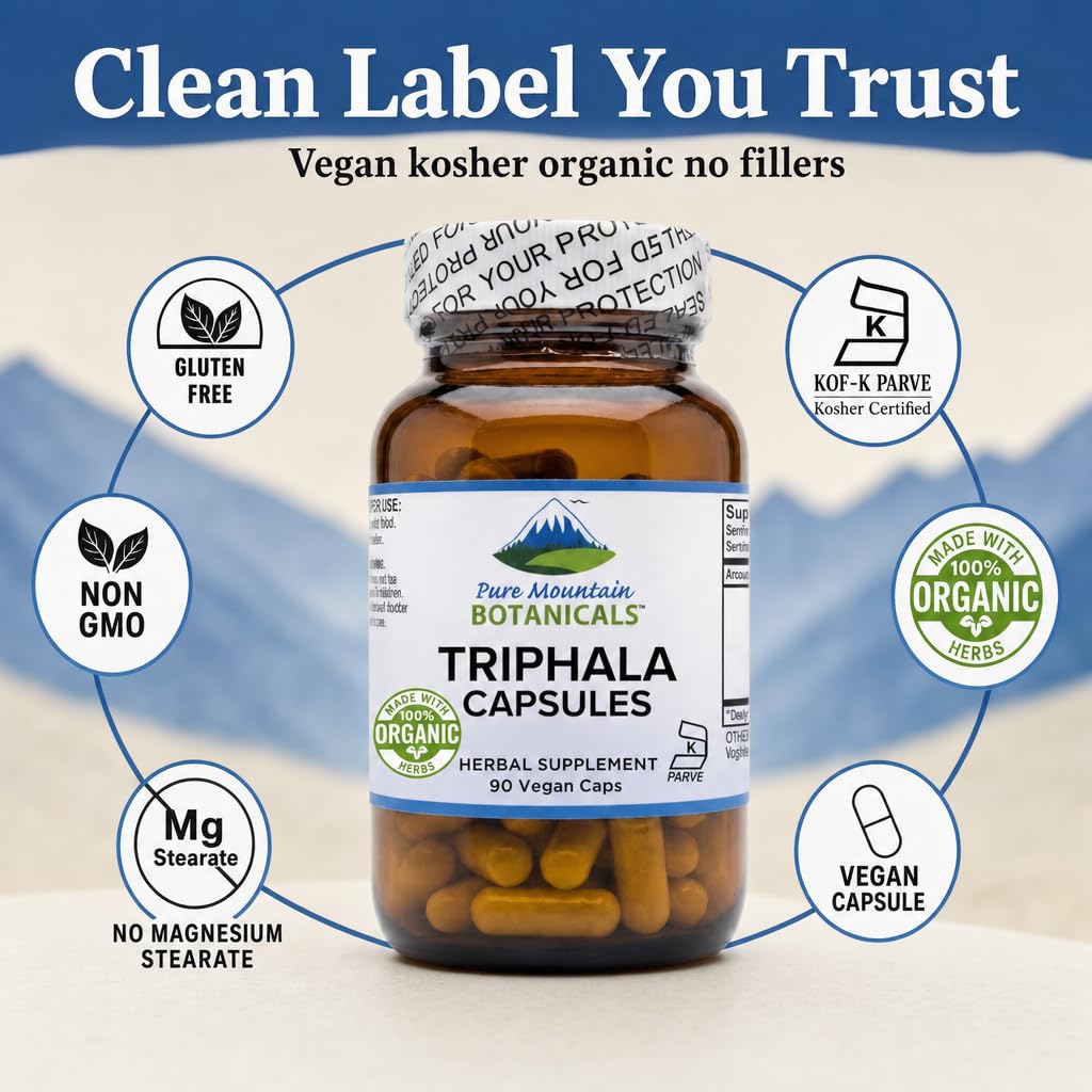 Pure Mountain Botanicals Triphala Capsules 500mg Organic Amla Fruit, 90 Count