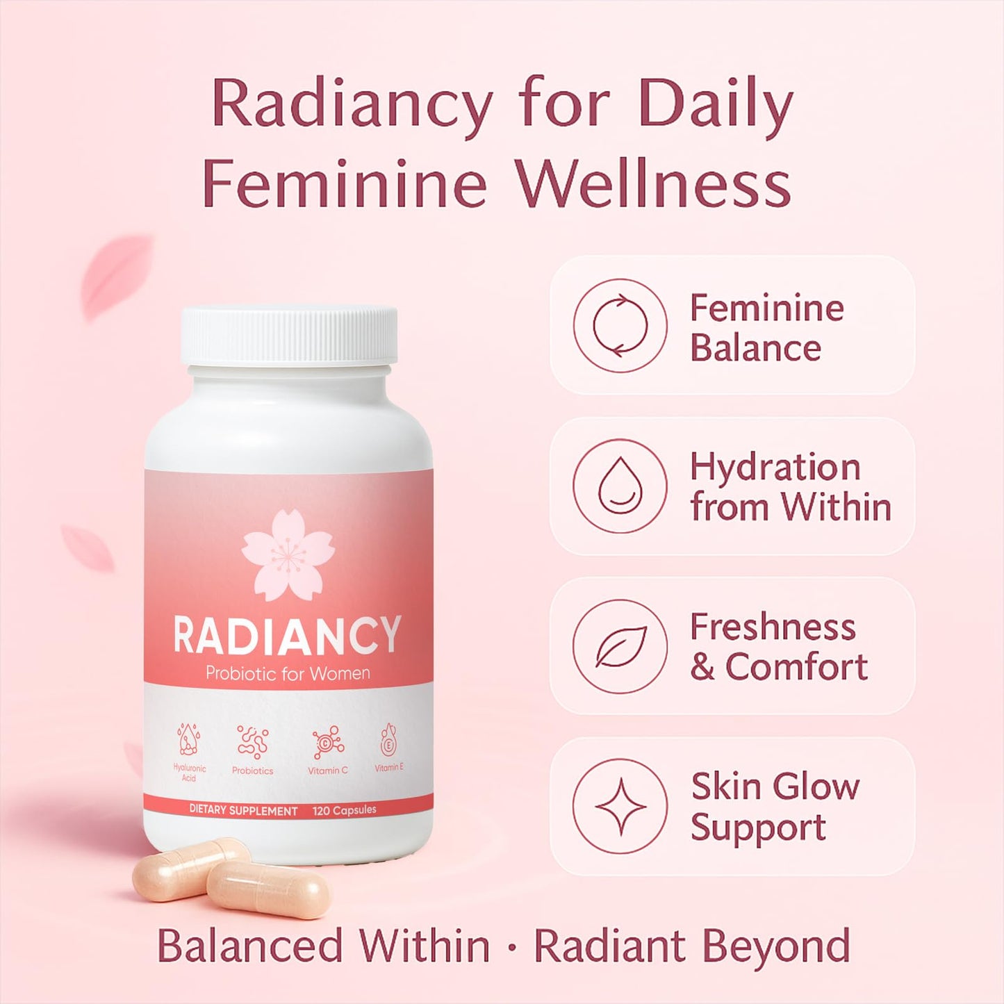 Minyang Radiancy Probiotic for Women, Daily Supplement with Multi-Collagen, Hyaluronic Acid, Prebiotics, Vitamin C, Capsule, 120 Count