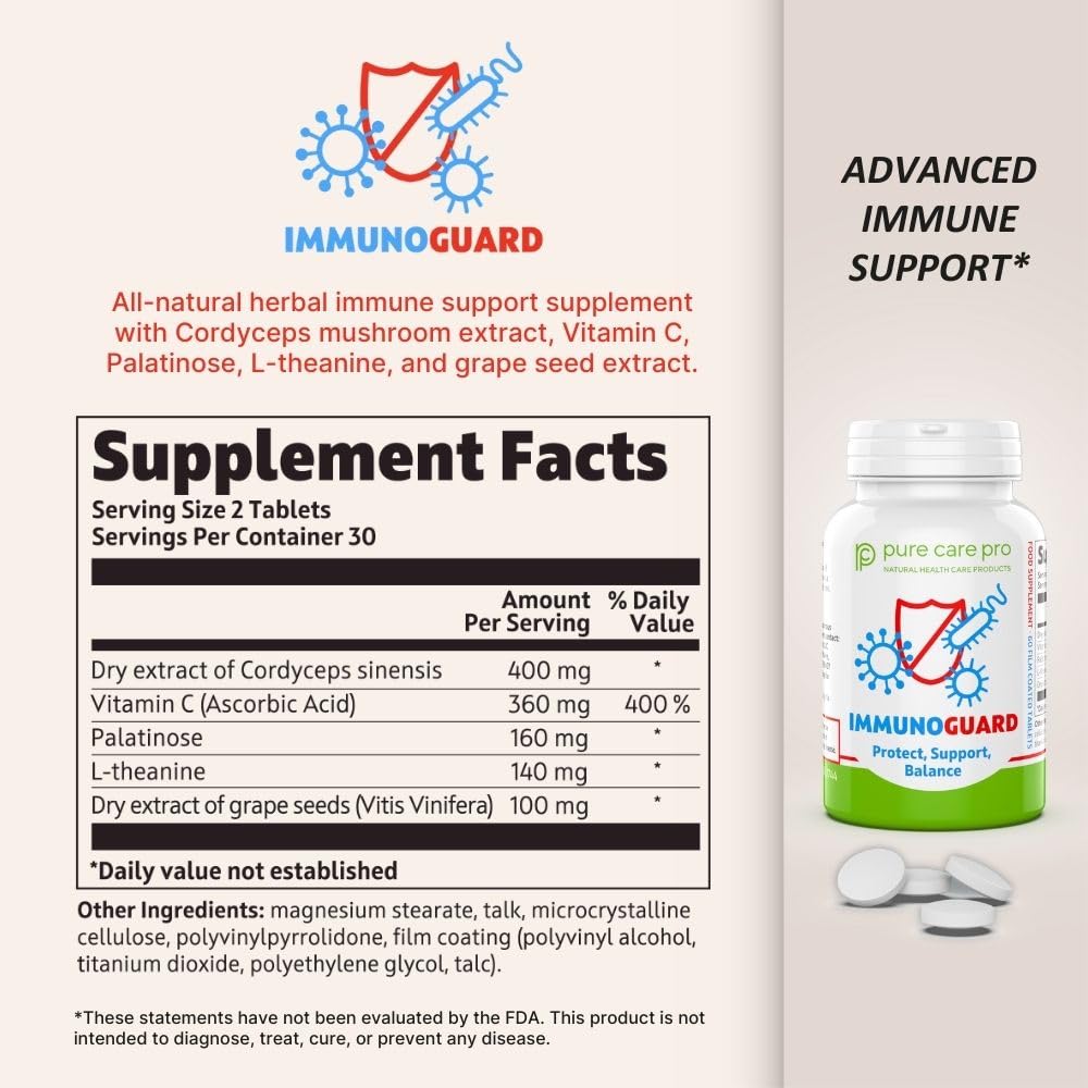 Pure Care Pro ImmunoGuard Immune Support & Defense with Cordyceps, Vitamin C & L-Theanine Tablets, 60 Count
