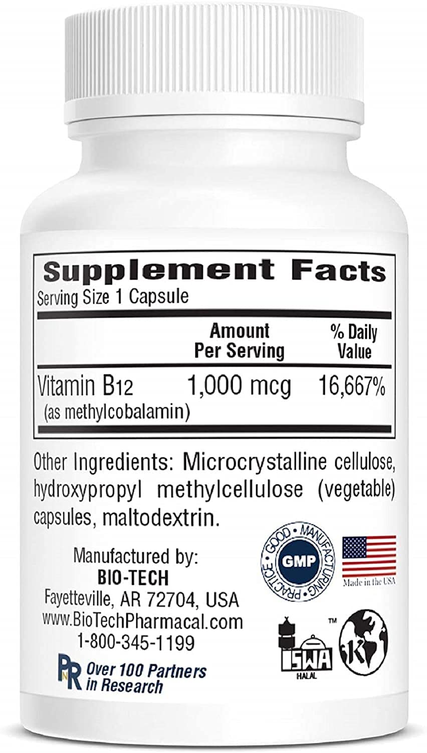Bio-Tech Pharmacal Vitamin B12 Methylcobalamin Capsules, 100 Count