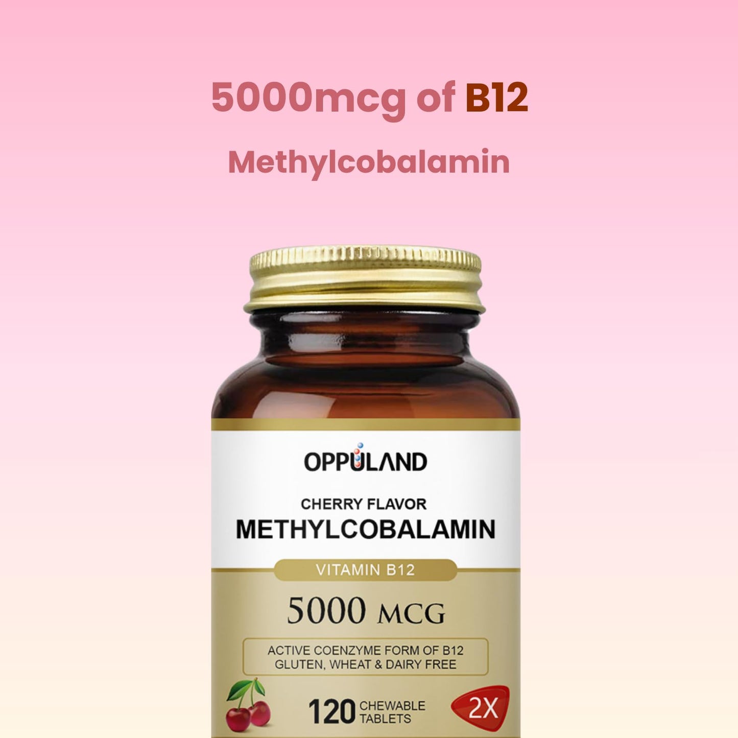 oppuland Methyl B-12 5000mcg Chewable with Folate - Vitamin B12 Methylcobalamin Tablets, 120 Count