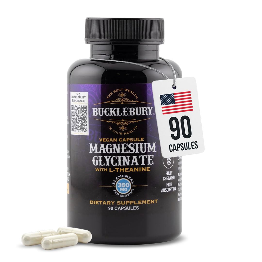Bucklebury Magnesium Glycinate Capsules with L-Theanine 350mg - Advanced Formula for Stress Relief, Muscle & Bone Health Support - Vegan, 90 Count