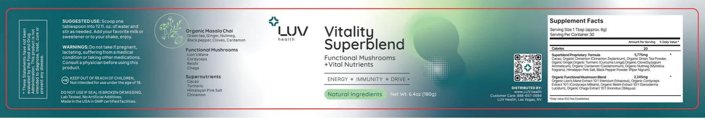 LUV health Vitality Superblend Mushroom Supplement Powder, 19.2 Ounces