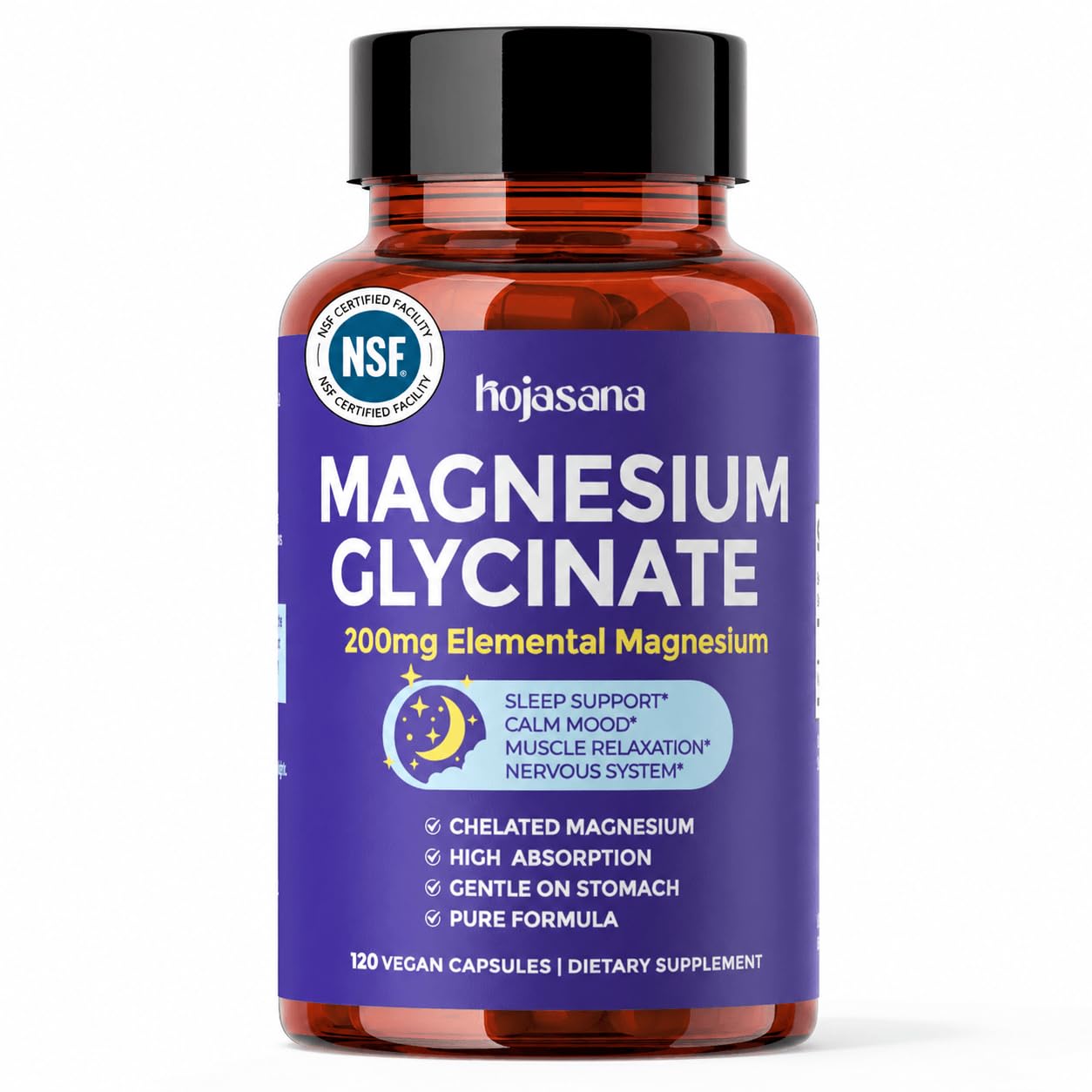 HojaSana Gentle Magnesium Glycinate 200mg Chelated High Absorption 120 Capsules