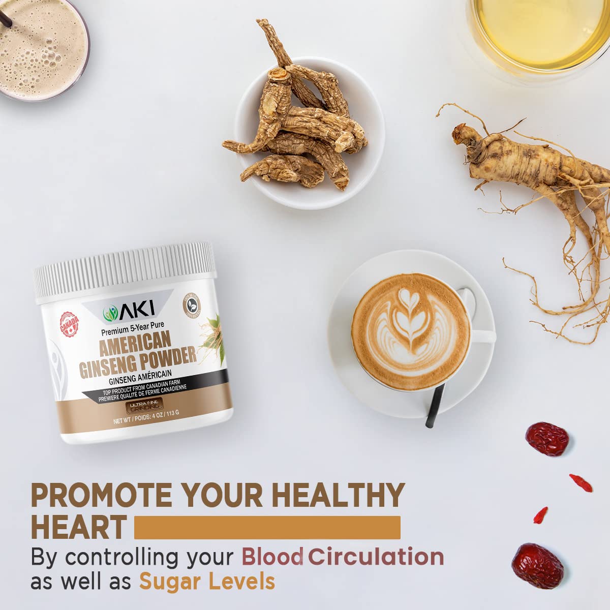 AKI ORGANIC American Ginseng Powder with 4% Ginsenosides, 4 oz