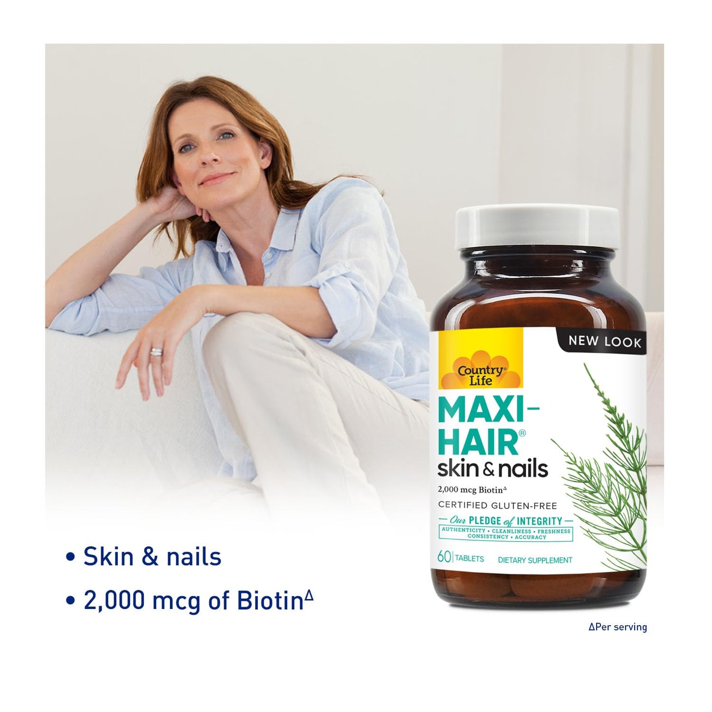 Country Life Maxi-Hair Supplement 2000mcg Biotin & Vitamins for Hair, Skin & Nails Tablet, 60 Tablets