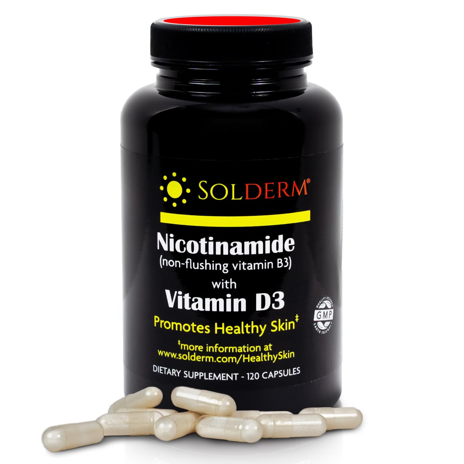 SOLDERM Nicotinamide Non-Flushing Vitamin B3 and D3 Supplement Capsules, 120 Capsules