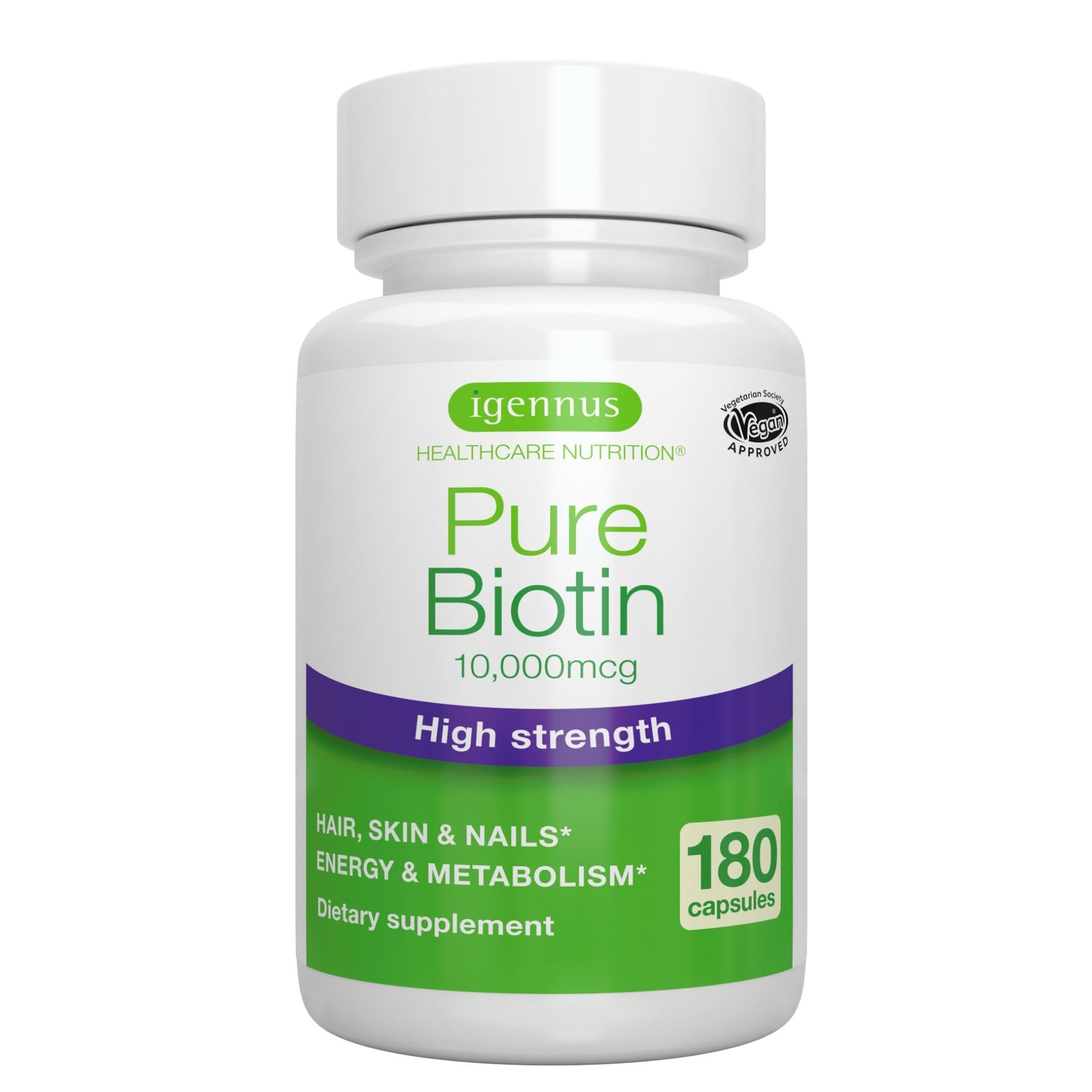 Igennus Healthcare Nutrition Clean Biotin 10,000mcg High Potency Vitamin B7 Capsules, 180 Count