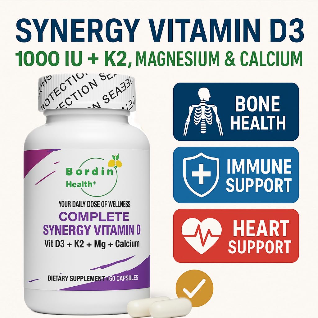 Bordin Health Complete Bone & Heart Support Vitamin D3 1000 IU + K2 MK7 with Magnesium & Calcium Synergistic Formula, High Absorption, 60 Capsules