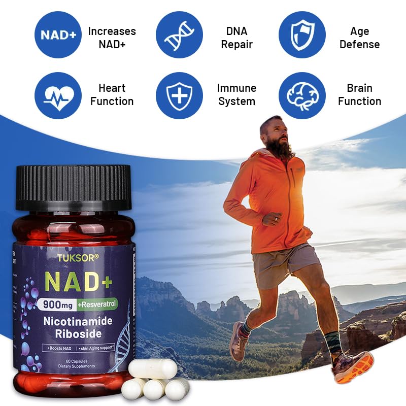 TUKSOR NAD+ Supplement Nicotinamide Riboside Liposomal Resveratrol for Cellular Repair, Energy Support, Vitality and Focus, 60 Capsules