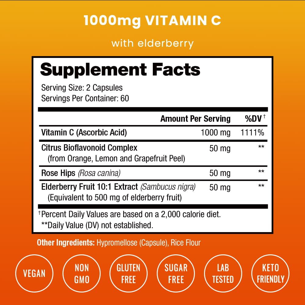 NutraChamps Vitamin C 1000 mg with Rose Hips, Elderberry & Citrus Bioflavonoids Capsule, 120 Count