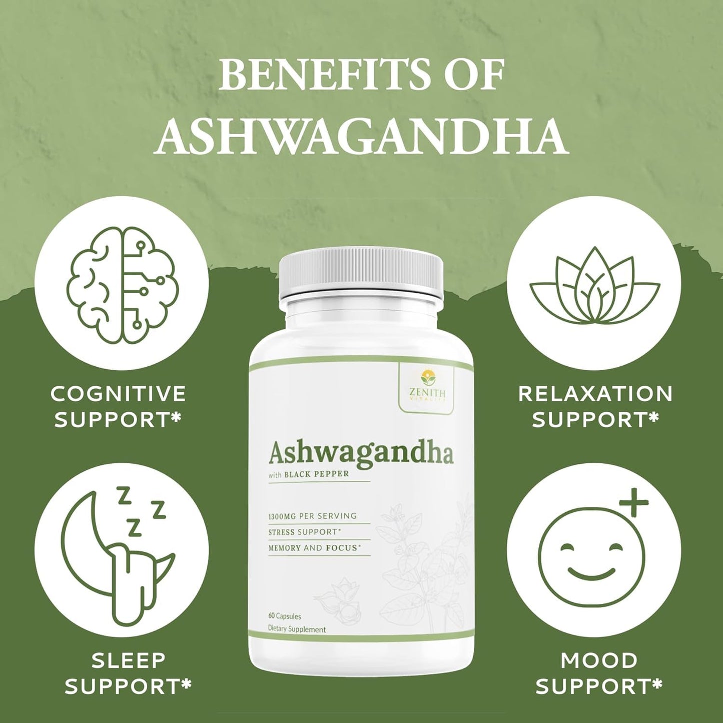 Zenith Vitality Ashwagandha 1300mg Capsules, 60 Count