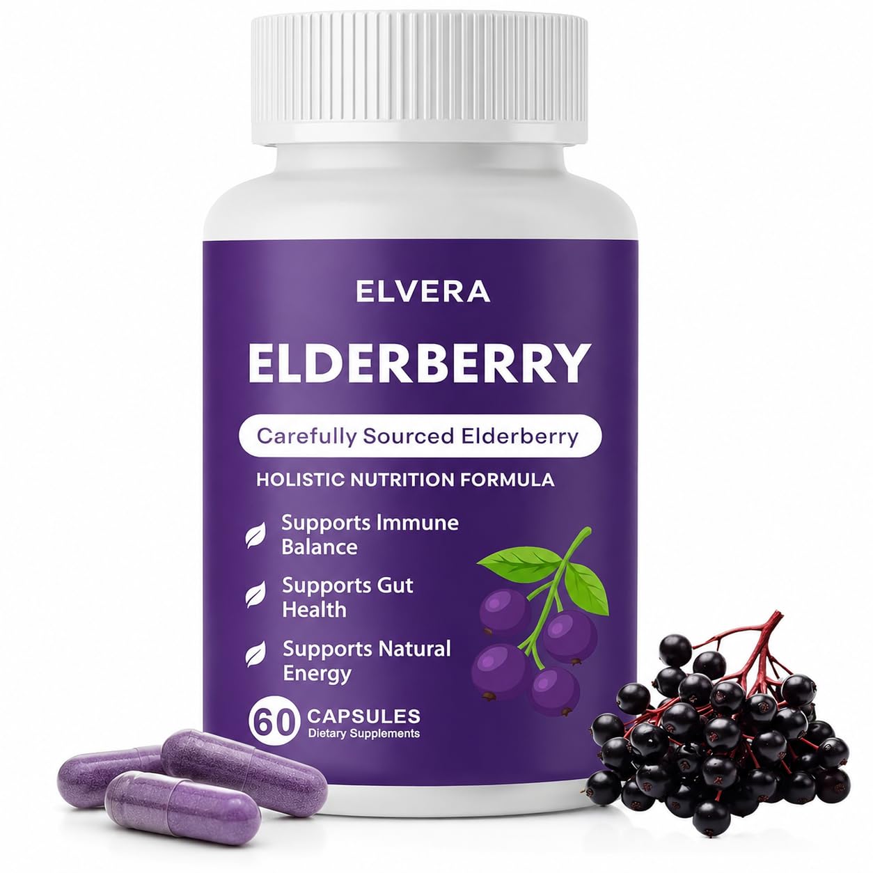 ELVERA Elderberry Gut Support Complex Capsules, 60 Count