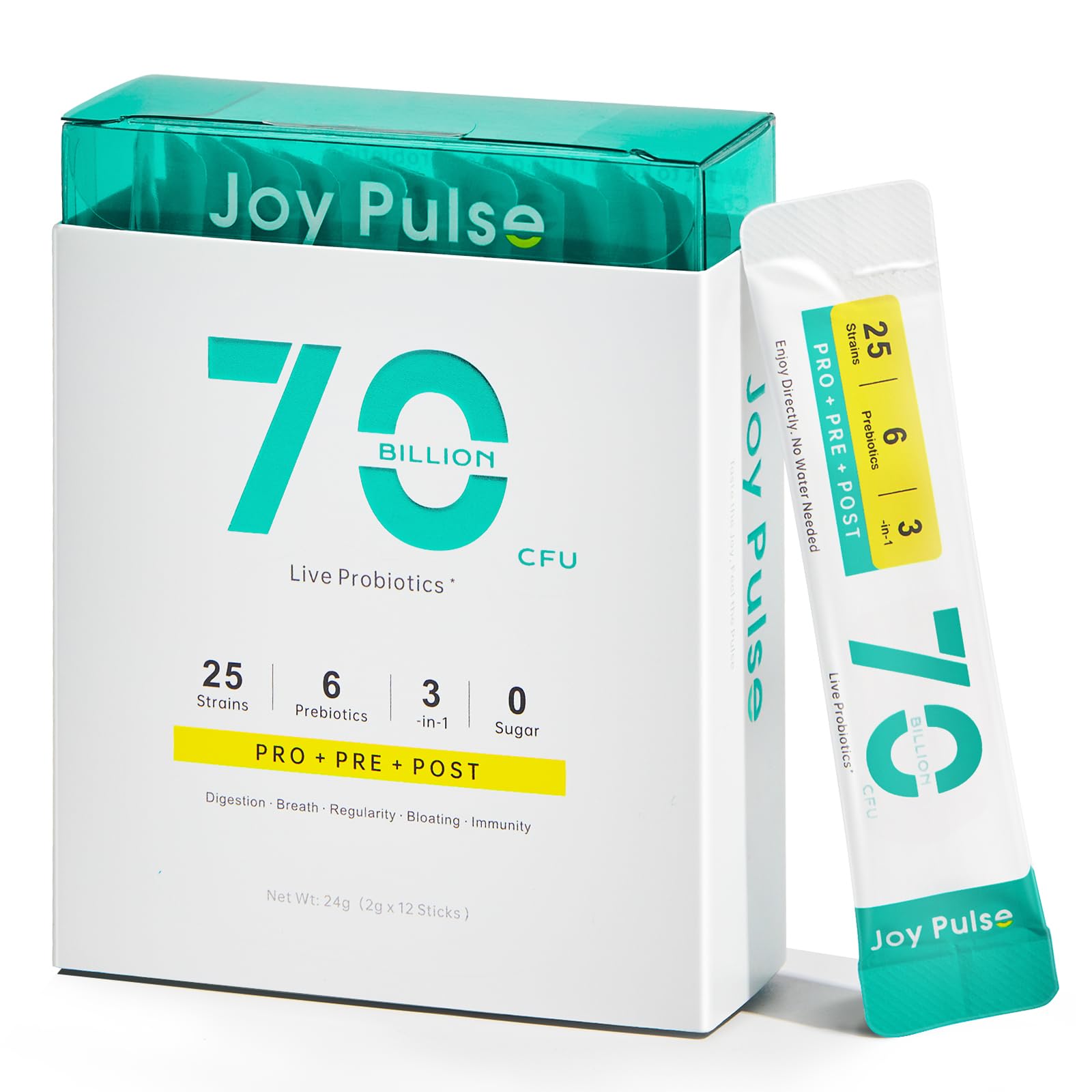 Joypulse 3-in-1 Probiotic Powder for Women & Men, 70 Billion CFU, 25 Strains, Prebiotics & Postbiotics, Dry-Eat Direct, No Water Needed, Digestive & Immune Support, Orange, 0.9 oz