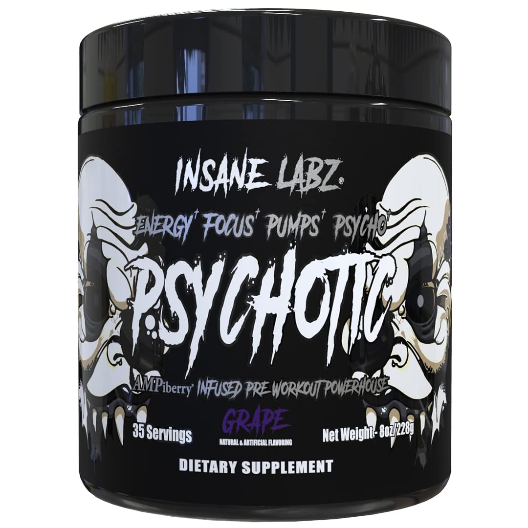 Insane Labz Psychotic Black Edition Mid Stimulant Pre Workout Powder, Energy Focus Pumps, Loaded with Creatine Beta Alanine Taurine Fueled by AMPiberry, 8