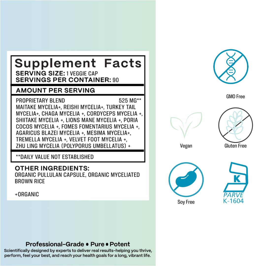 Azure Biogenics Mushroom Supplement Immune Support Formula with Lion's Mane, Reishi & Turkey Tail and 14 Adaptogenic Mushrooms with Cordyceps, Maitake and More, Organic, Vegan, Non-GMO, 90 Capsules
