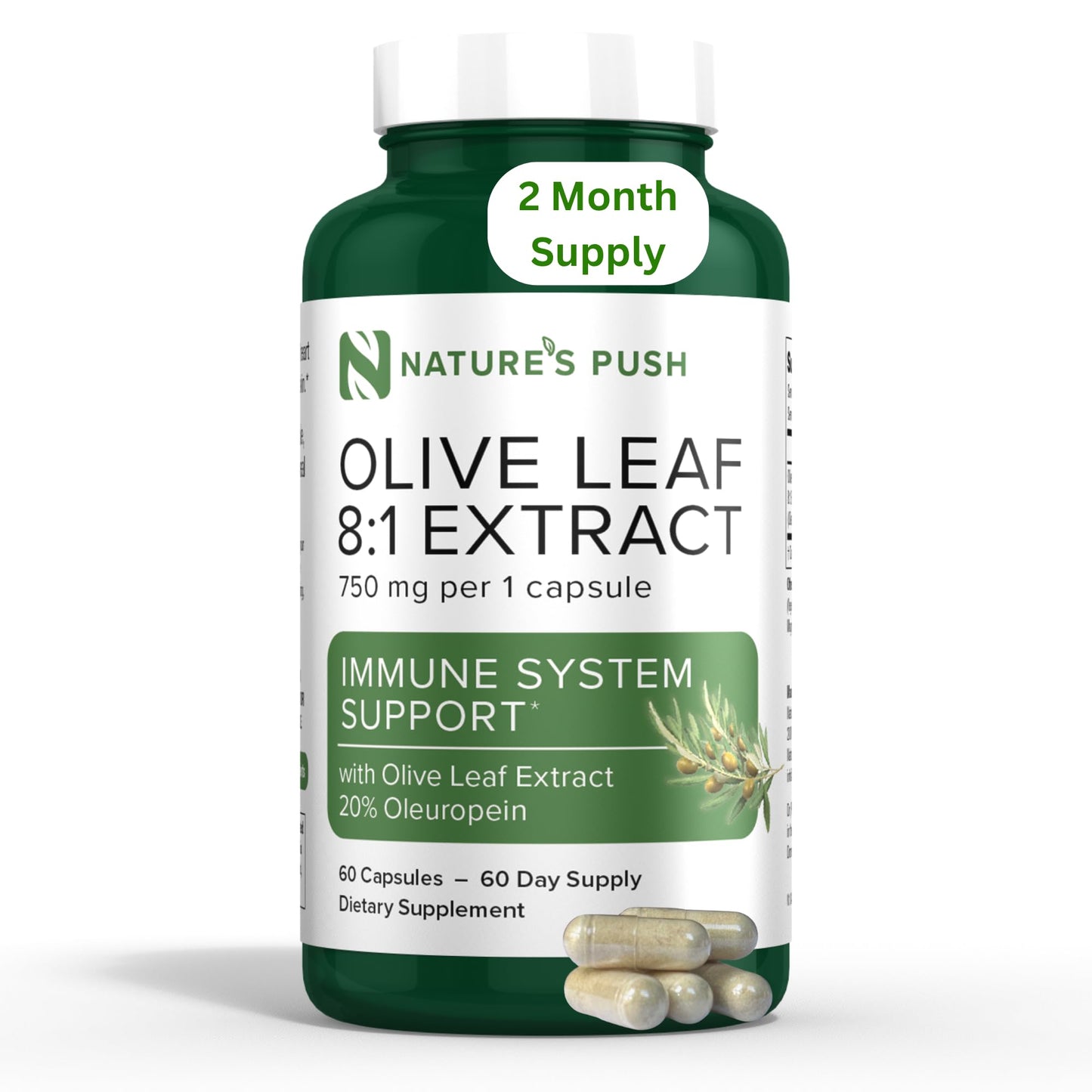 Nature's Push Super Potent 750mg Capsule with Olive Leaf 8:1 Extract 20% Oleuropein for Immune System, Skin, and Heart Health Support, Vegan, Non-GMO, USA cGMP Gluten Free, 60 Capsules