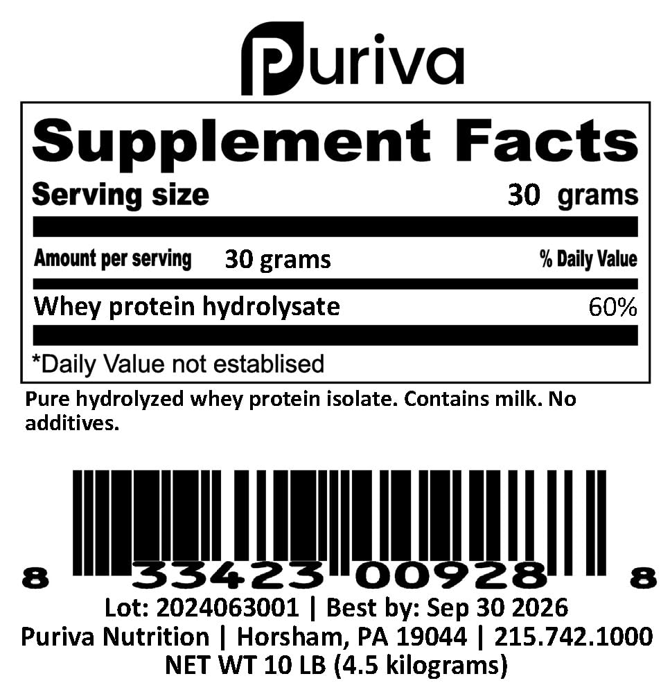 Puriva Nutrition Hydrolyzed Whey Protein Isolate Protein Powder, 160 Servings
