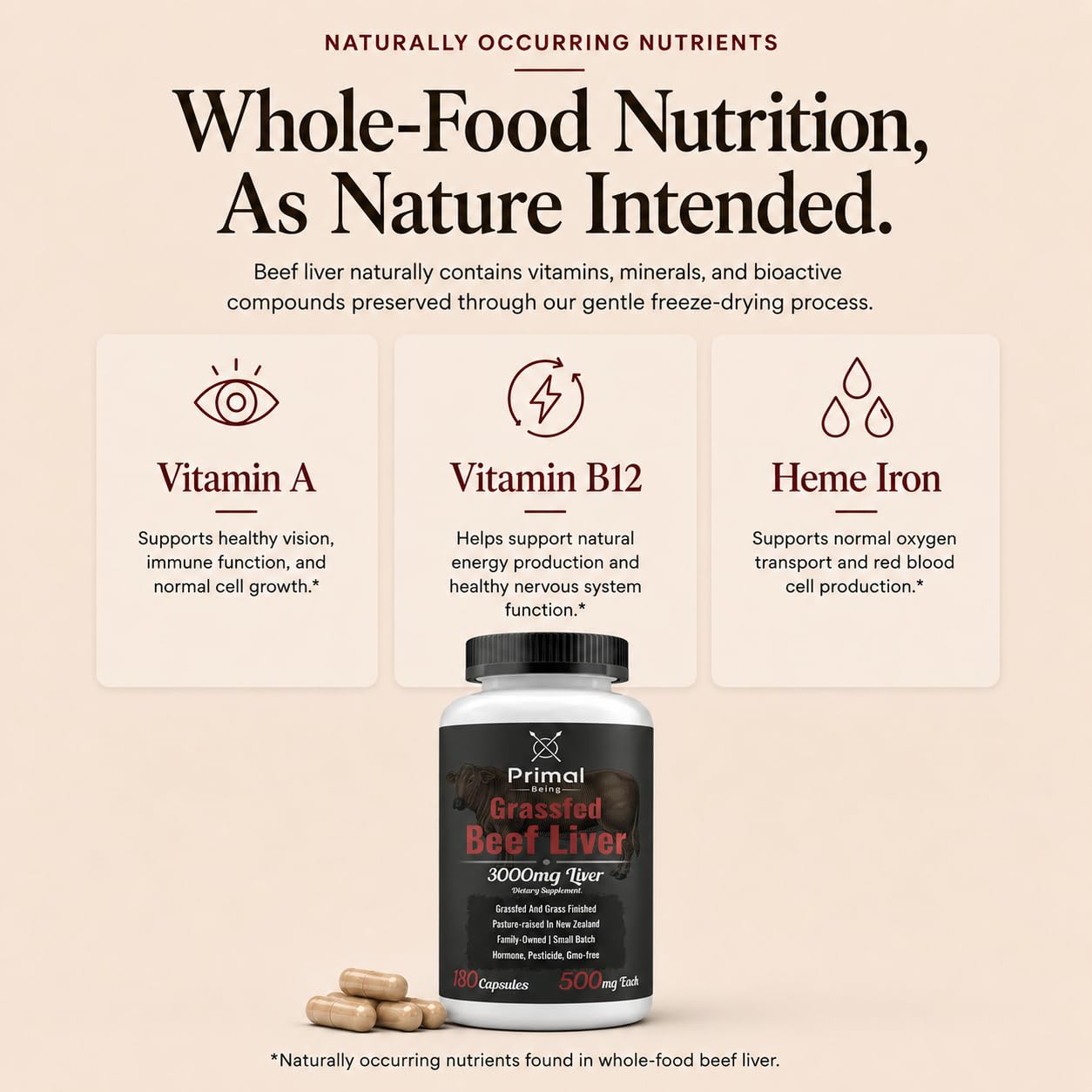 Primal Being Grassfed Beef Liver 3000mg Freeze Dried Capsules, 180 Count