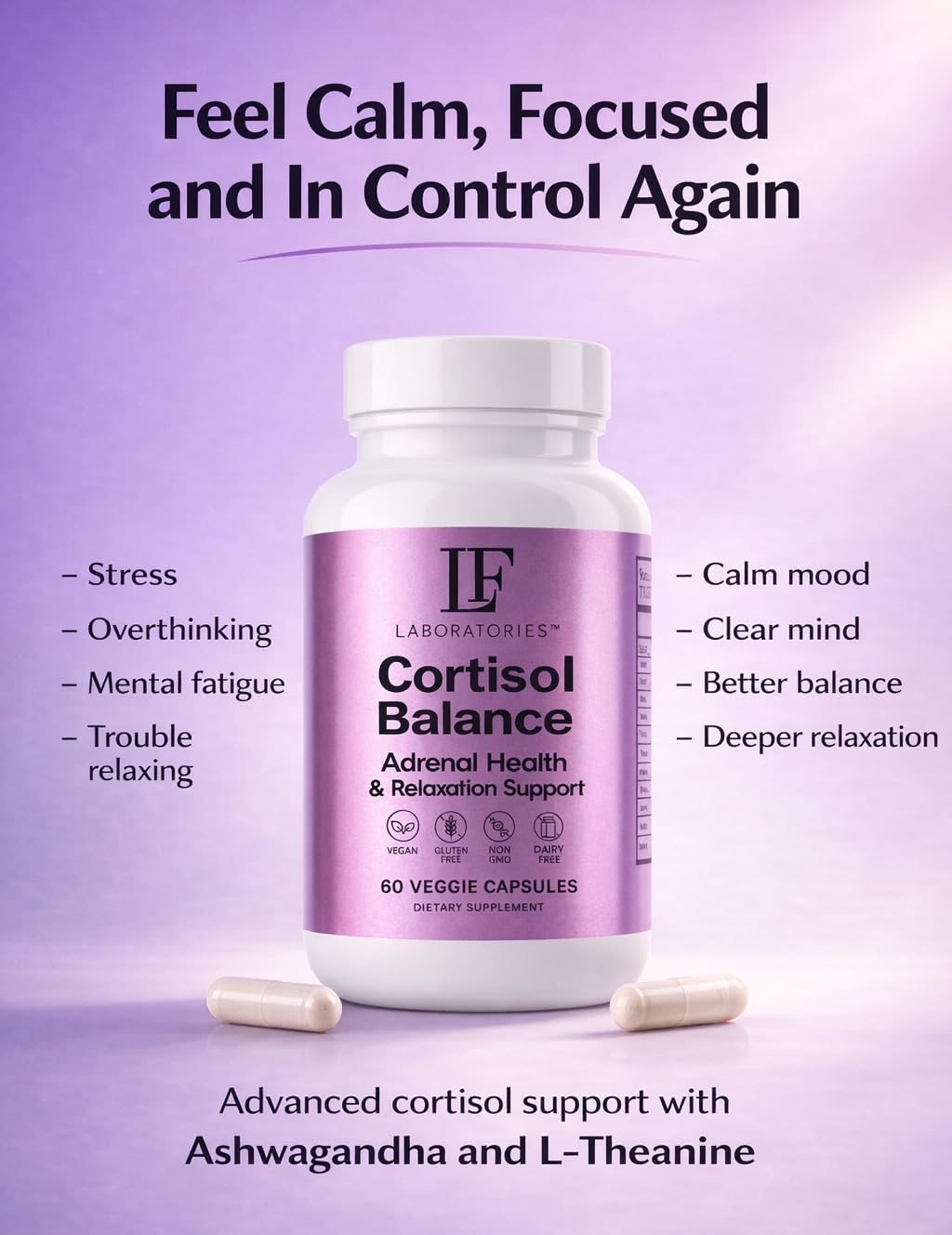 LF Laboratories Stress & Cortisol Support Supplement for Calm, Mood & Sleep with Ashwagandha, L-Theanine & Phosphatidylserine Adrenal Balance Formula – Vegan, Non-GMO, 60 Capsules