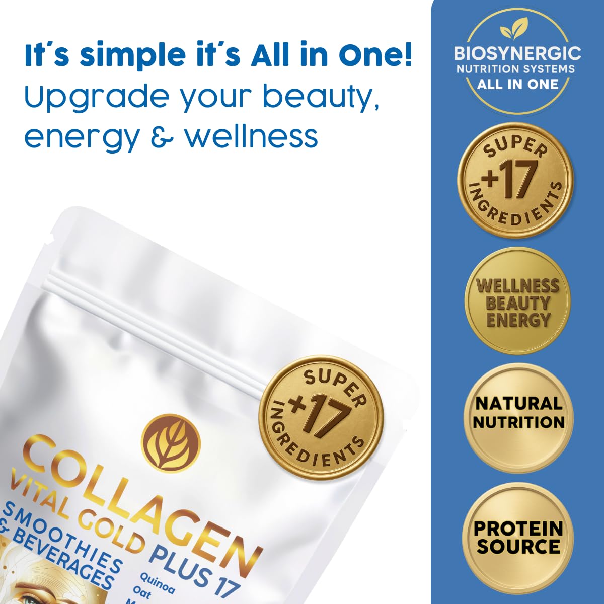 Gold Vital Life Collagen Peptides Powder - Hydrolyzed Collagen with +17 Super Ingredients, Vanilla Flavor, 16 oz