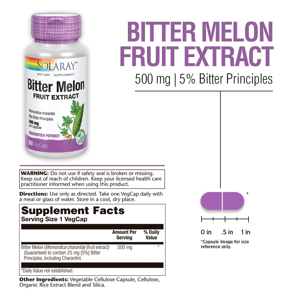SOLARAY Bitter Melon Fruit Extract 500mg 5% Bitter Principles VegCaps, 60 Count