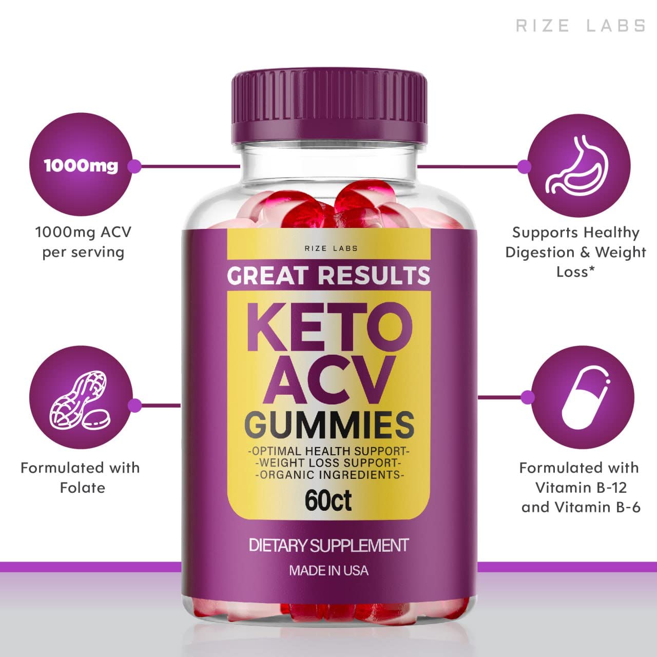 Rize Labs Great Results Keto ACV Gummies, Advanced Apple Cider Vinegar, 180 Gummies