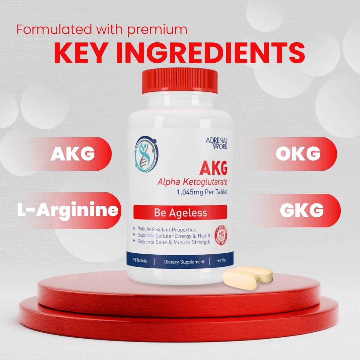 Adrenalwork L-Arginine 1000mg + AKG Alpha Ketoglutarate Pre-Workout Tablet, 90 Tablets