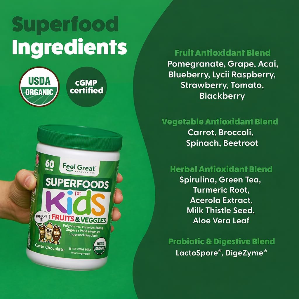 The Feel Great Vitamin Company Feel Great USDA Organic Super Greens Powder for Kids - Cocao Chocolate, 10.6 oz