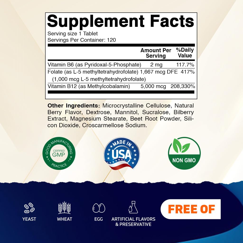 Vitamatic Methyl Folate & B12 Supplement with Pyridoxal 5 Phosphate (P-5-P) - Promotes Cardiovascular Health & Energy Metabolism, Tablets, 120