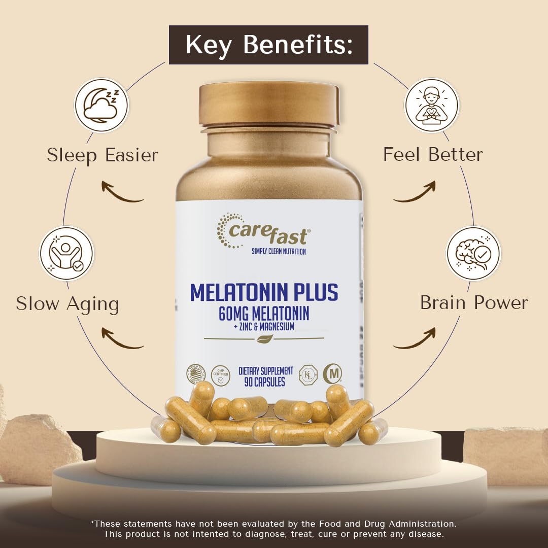 CAREFAST Melatonin Plus Extra Strength High Dose Sleep Supplement 60mg Capsules, 90 Count