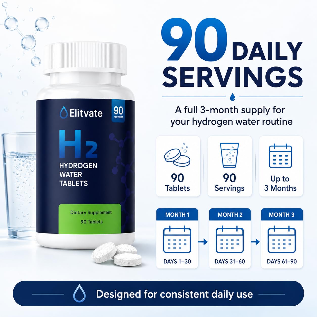 Elitvate Hydrogen Water Tablets with Magnesium, 90 Count