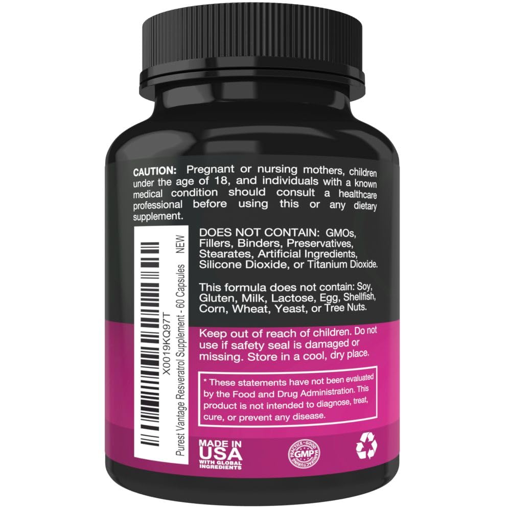 Purest vantage Resveratrol Supplement Potent 1400mg Formula with Trans Resveratrol, Quercetin, Grape Seed, Green Tea, Acai and Red Wine Extract 60 Veggie Capsules