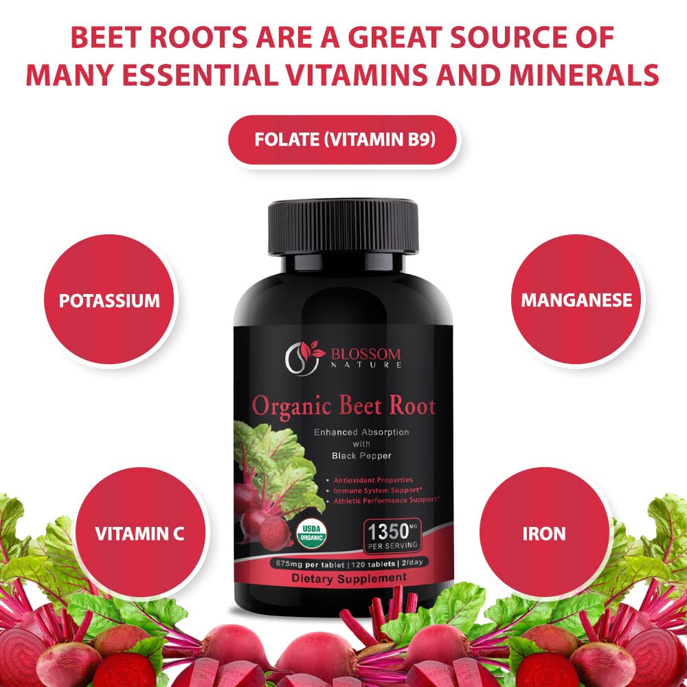 Blossom Nature Organic Beet Root Powder 1350mg with Black Pepper-Nitric Oxide Booster, 120 Capsules