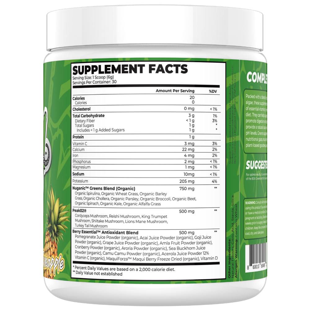 BOA Greens Powder Pineapple Organic Superfood Supplement with Fruits & Veggie Blend, Antioxidant & Mushroom Blends - Supports Digestive Health, Gluten Free Non-GMO Vegan, Powder, 6.3 Ounce