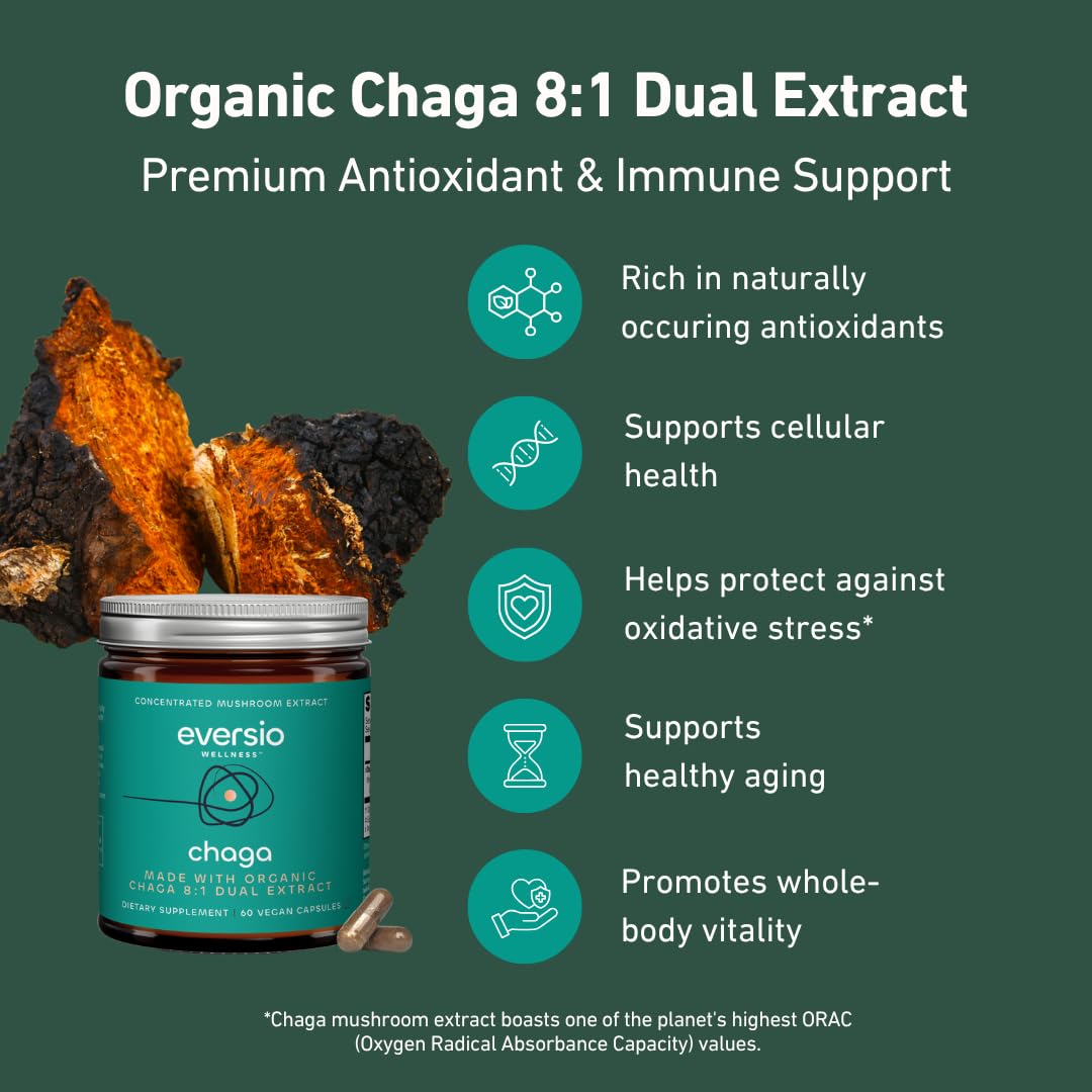 Eversio Wellness Organic Chaga 8:1 Dual Extract, 450mg per Capsule, 60 Capsules