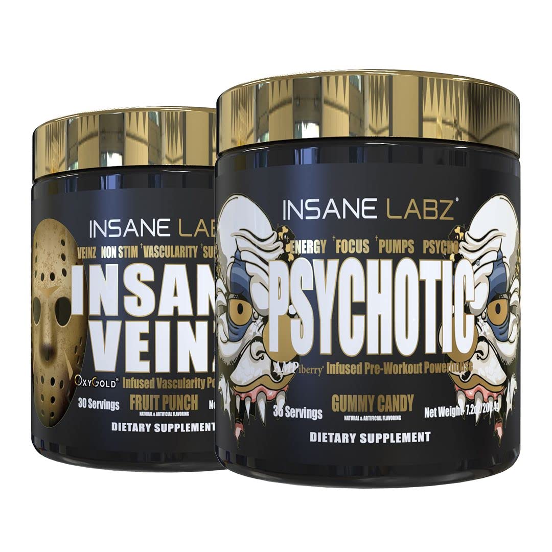 Insane Labz Psychotic Gold and Insane Veinz Gold Pre Workout Nitric Oxide Booster Stack Powder 13.1 Ounce