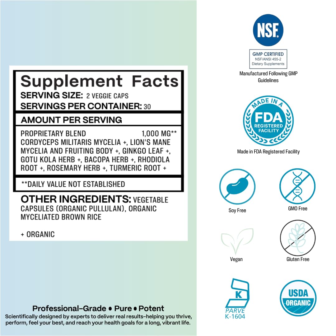Azure Biogenics Mastermind Focus & Energy Nootropic and Adaptogen Mushroom Supplement Capsule, 60 Count