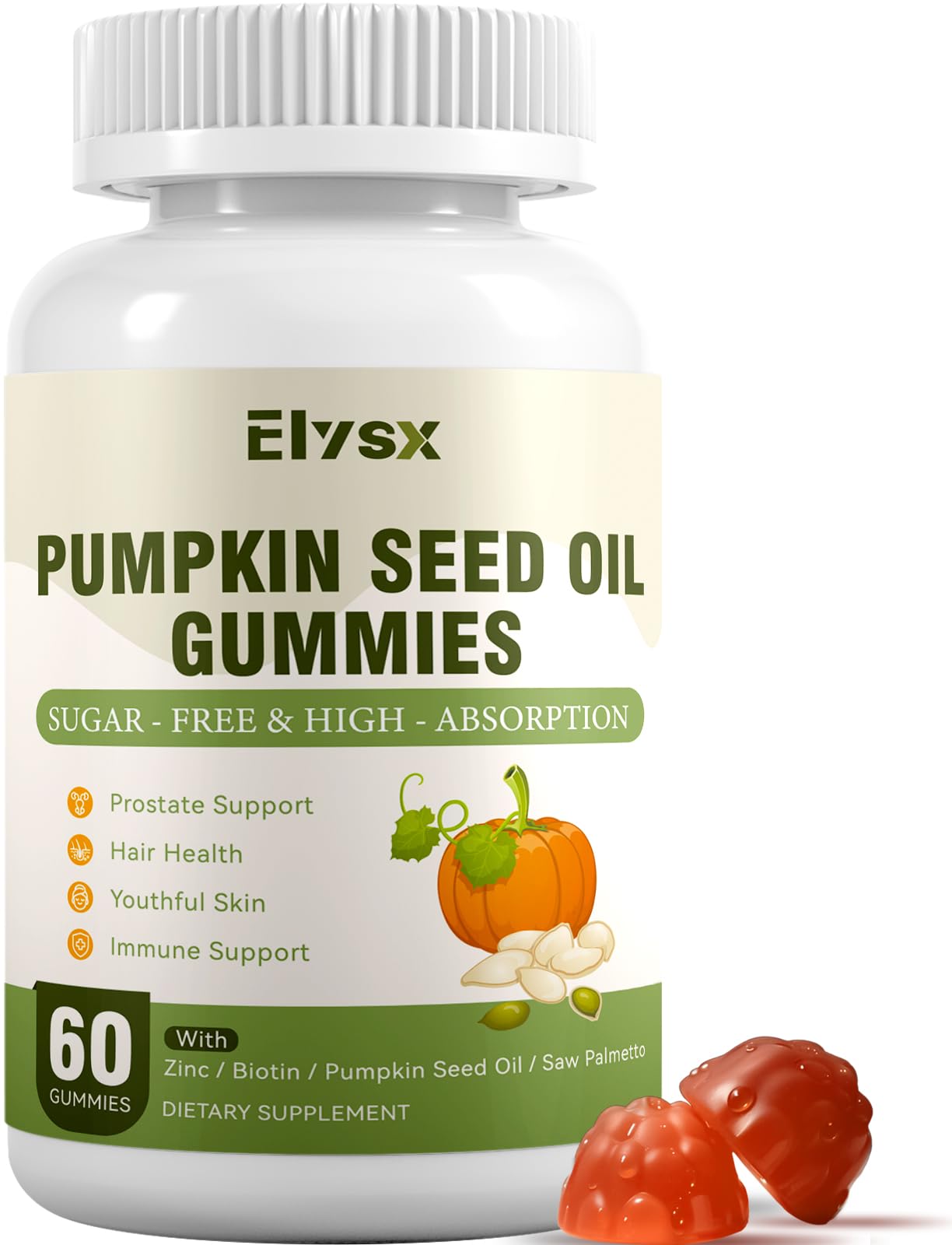 Elysx DHT Blocker Gummies with Pumpkin Seed Oil & Saw Palmetto, Biotin, Hair and Skin Health, 60 Gummies