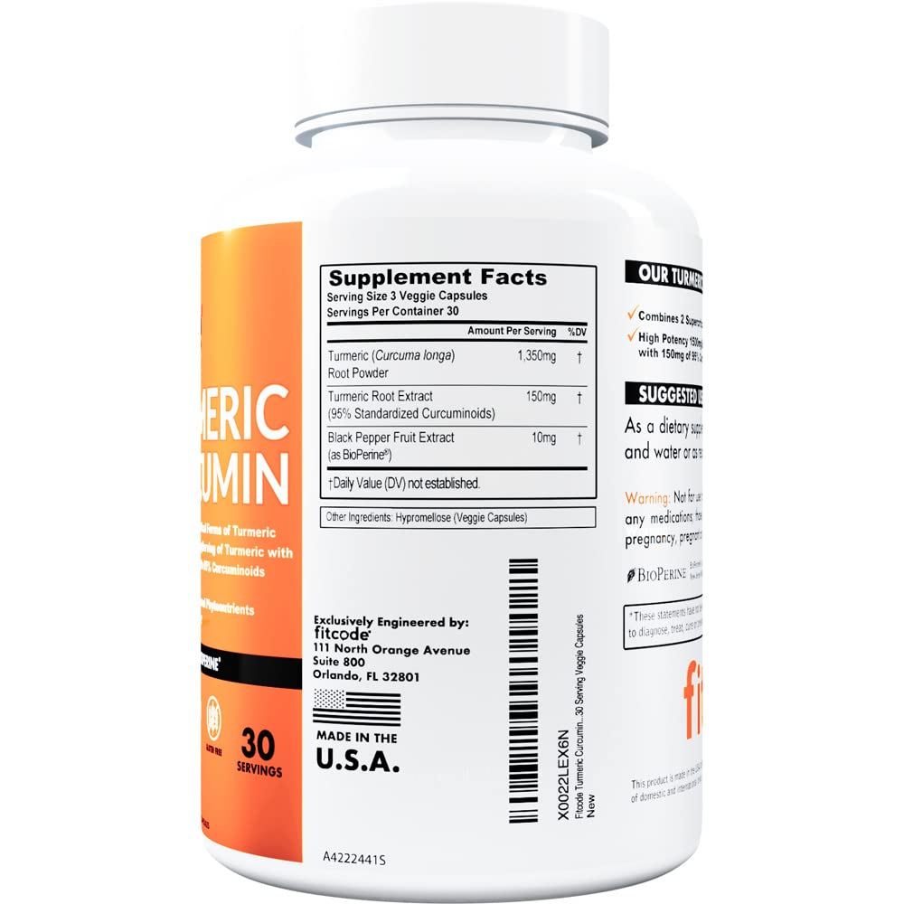 fitcode Turmeric Curcumin with 95% Curcuminoids 1500mg BioPerine Enhanced Absorption Capsules, 90 Count