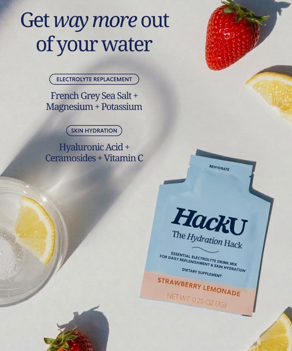 HackU Sugar-Free Electrolyte Packets Daily Skin Hydration Strawb Lemonade Powder, 25 Packets