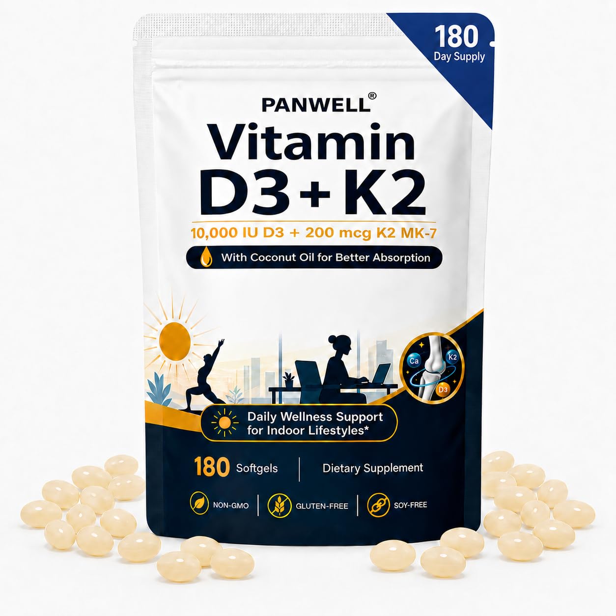 PANWELL Vitamin D3 K2 10000 IU Supplement, K2 MK-7 200 mcg Softgels 180 Count