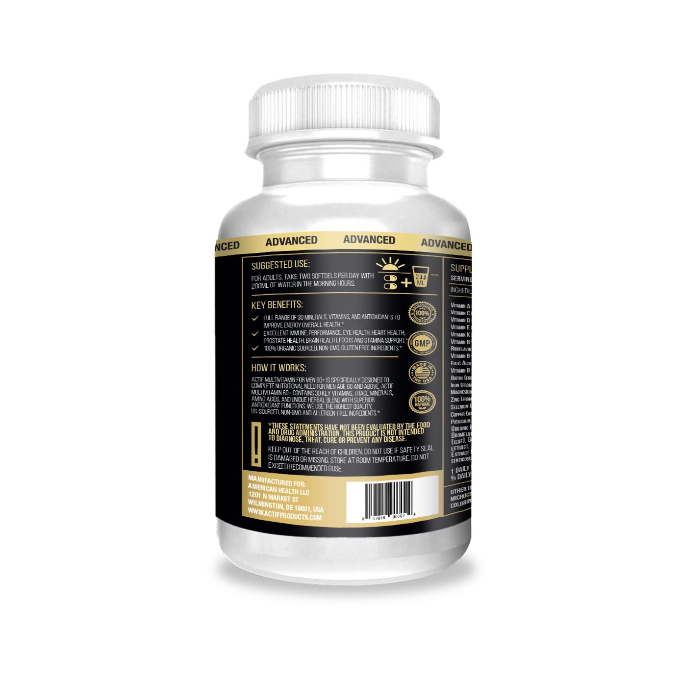 ACTIF Multivitamin for Men Age 60+ with 30 Organic Vitamins and Organic Herbs Softgel, 120 Count