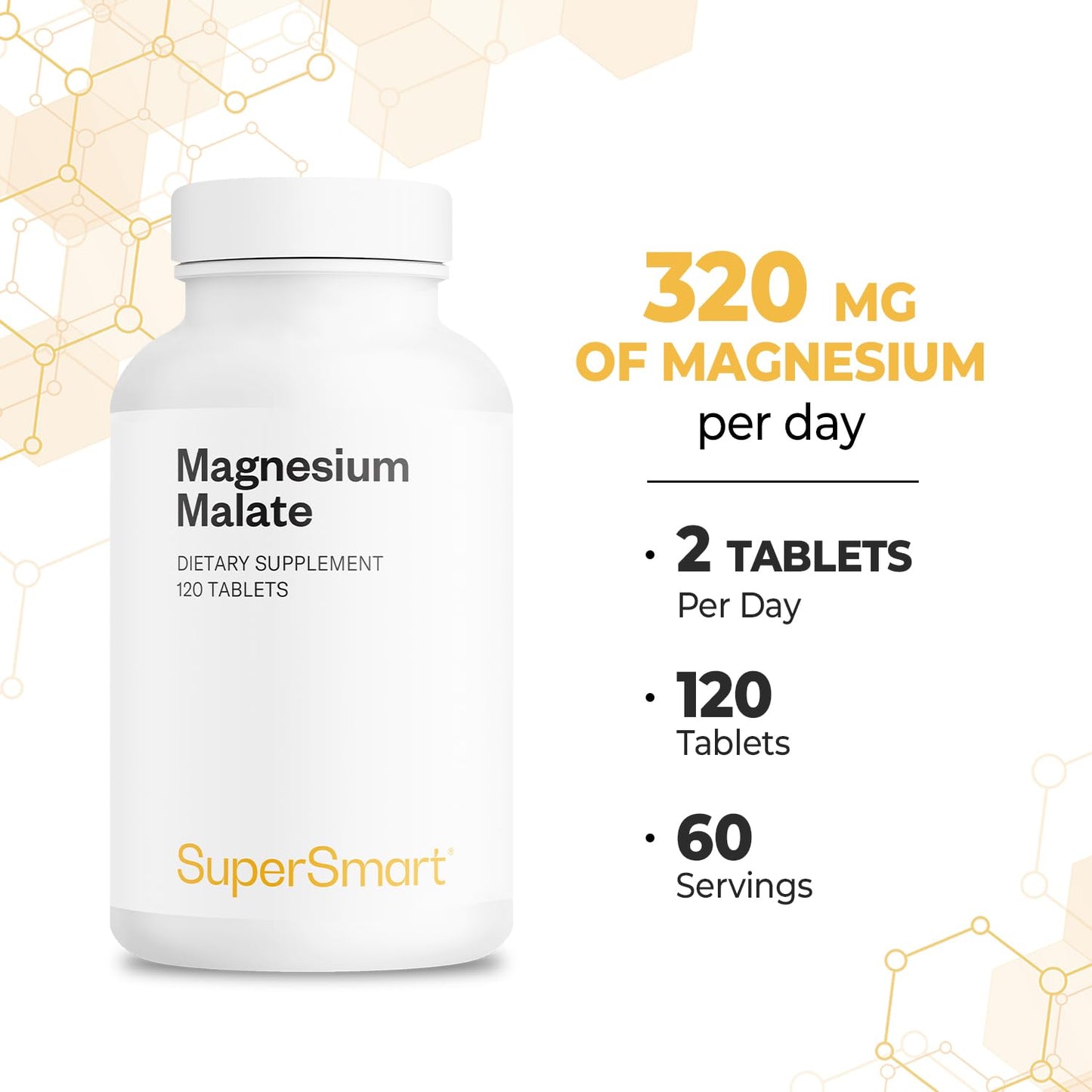 Supersmart Magnesium Malate 2400mg per Day (Highly Bioavailable) - Superior Mineral - Magnesium Malic Acid Supplement, Non-GMO & Gluten Free, 120 Tablets